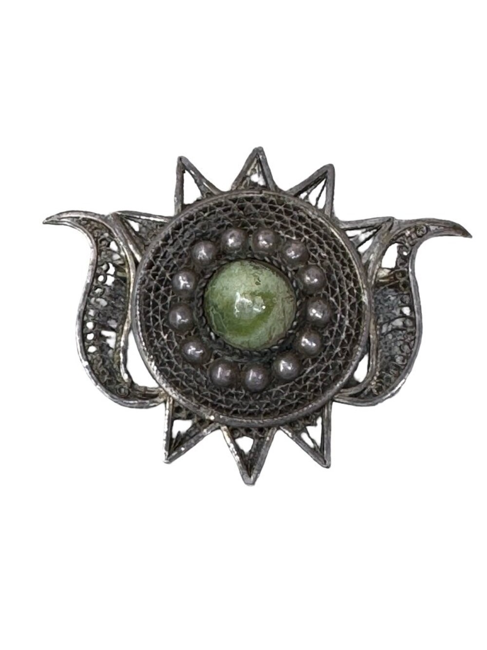 Antique Sterling Silver Filigree Brooch Sun Celestial Green Gemstone Center Star